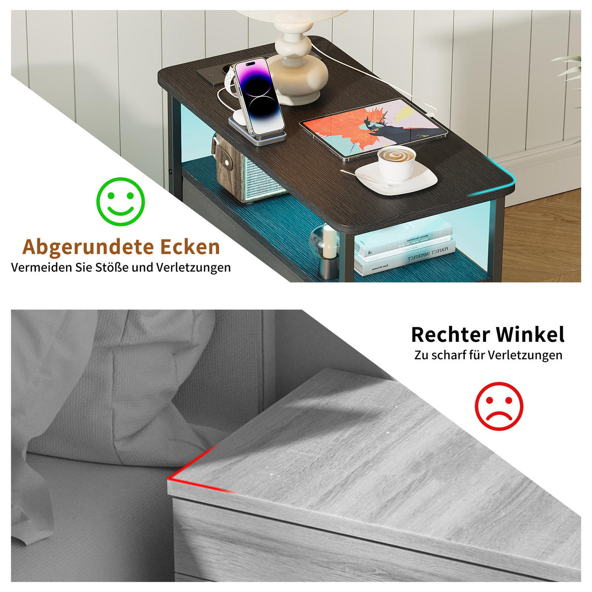 NACHTTISCH LED USB 2 Schubladen 2 Fächer schwarz - Schwarz, Holz (58/28/60.5cm) - LEBENLANG