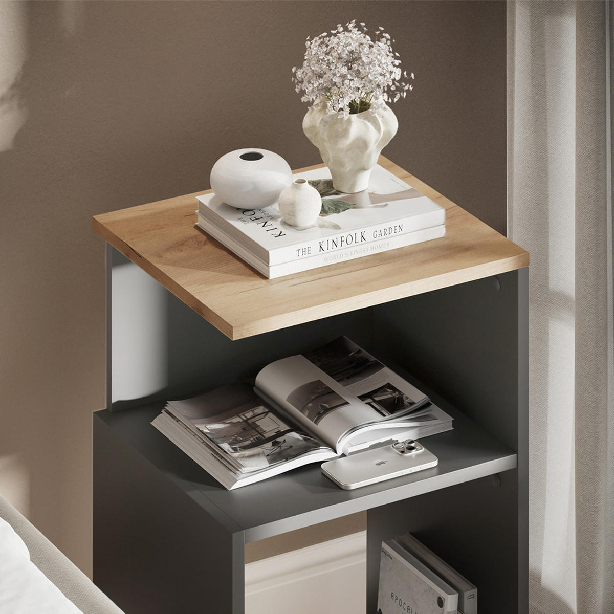 NACHTTISCH Elios Anthrazit/Goldkraft Eiche 40 x 65.3 cm - Honigeiche/Anthrazit, Holzwerkstoff (40/65.3/35cm) - Vicco