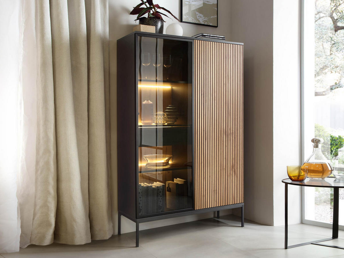 VITRINE Sento WTSZ104 - Eiche Wotan/Schwarz, Holzwerkstoff/Metall (104/166/39cm) - MIRJAN24