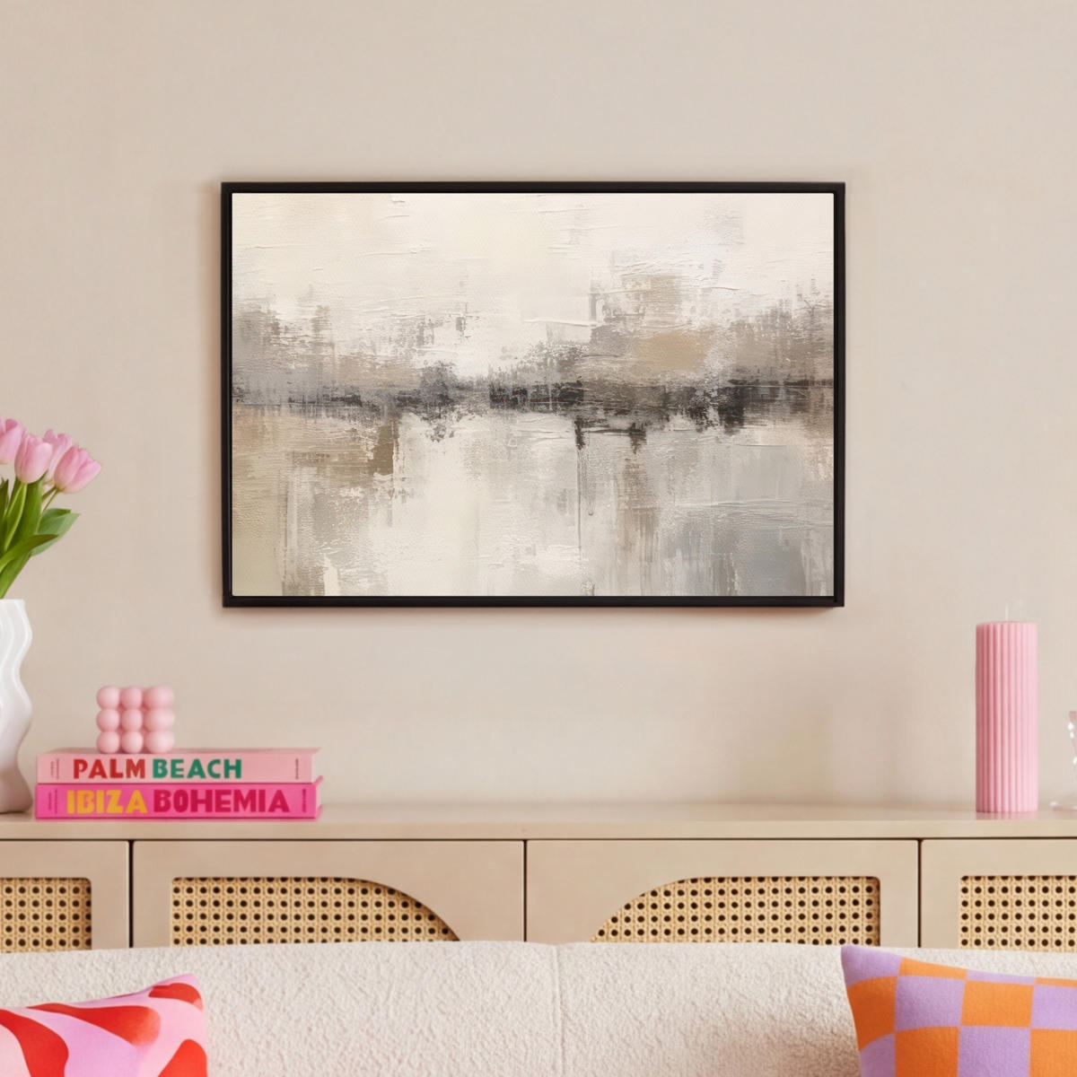 LEINWAND Bilder mit Rahmen - Moderne Kunst - Abstrakt - Beige - 60x40 - Beige, Textil (60/40cm) - MuchoWow