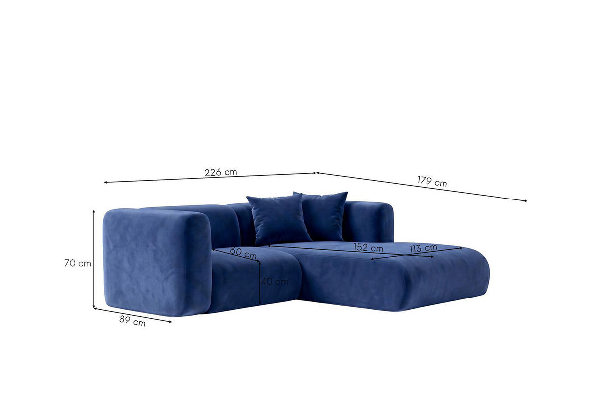 ECKSOFA L-Form mini, Velvet-Stoff Bluvel, Tintenblau, Rechts, GRETA - Blau, Holz (226/179cm) - Kaiser Möbel