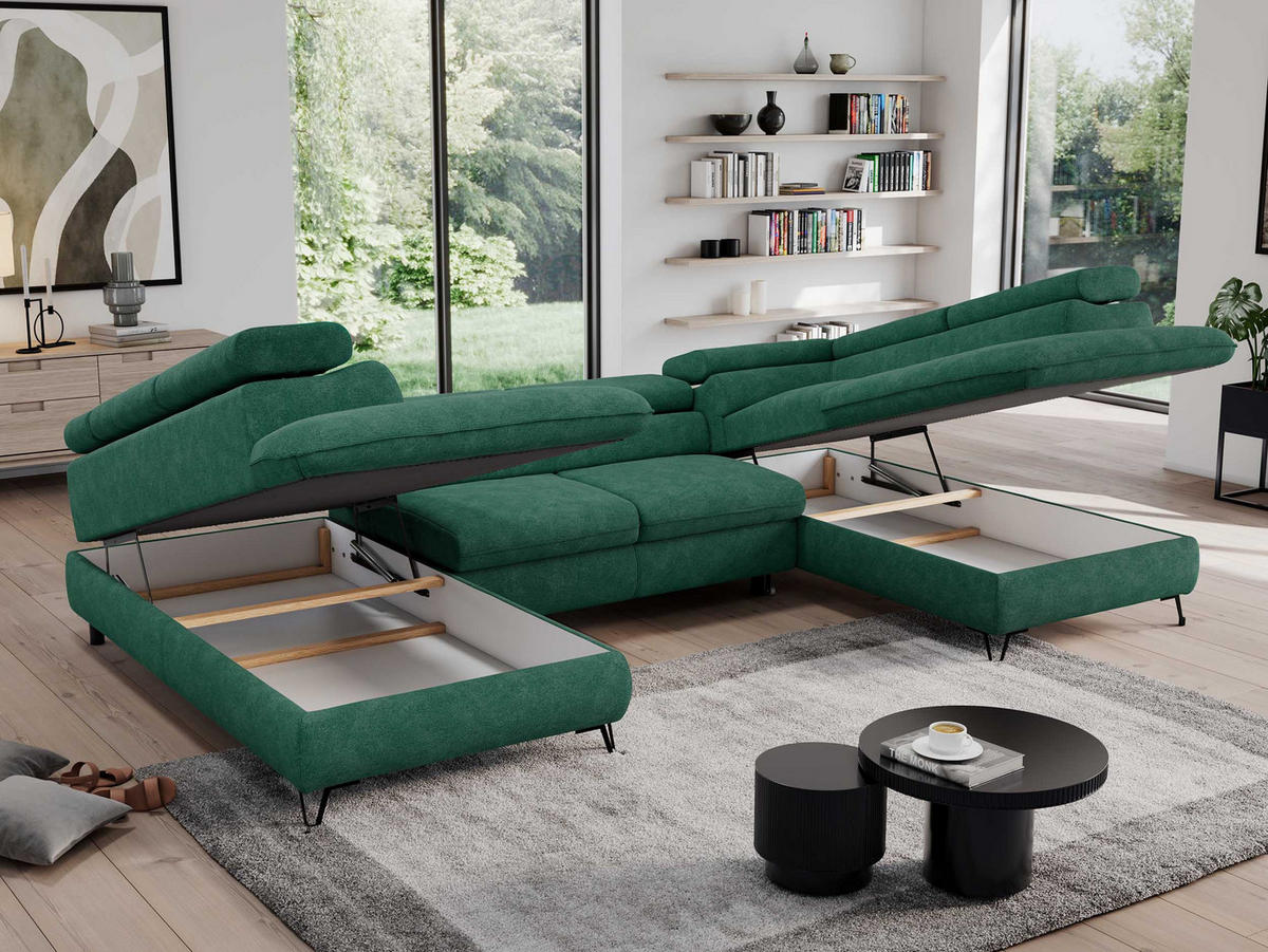 WOHNLANDSCHAFT PEDRO U Struktur Türkis - Türkis/Schwarz, Textil/Metall (346/76/208cm) - MKS