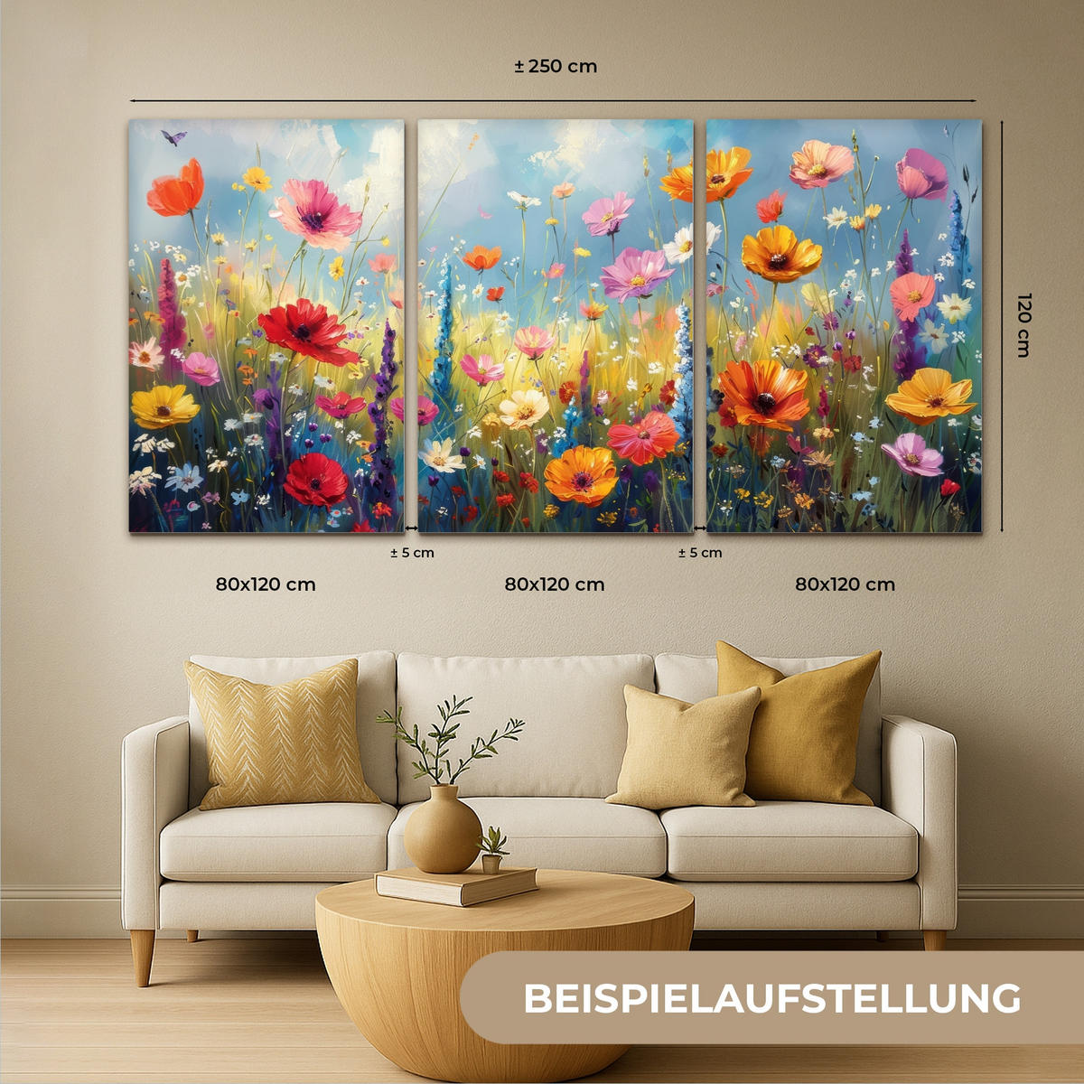 LEINWANDBILD 3er Set Blumen - Frühling - Farbenfroh - Sommerlich 240x120 cm - Orange, Textil (240/120cm) - MuchoWow