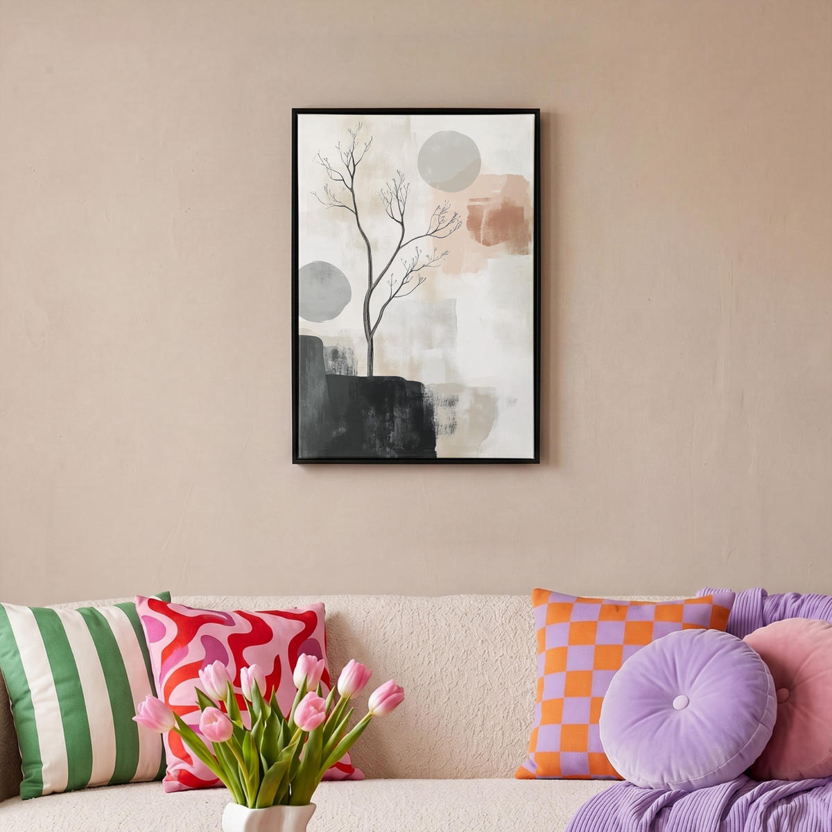 LEINWAND Bilder mit Rahmen - Wabi sabi - Beige - Pflanze - 40x60 - Sandfarben, Textil (40/60cm) - MuchoWow