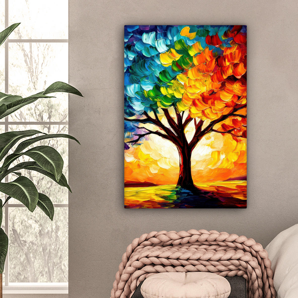 LEINWANDBILD - Baum - Kunst - Natur - Sonnenuntergang - 60x90 - Kunstdruck - Multicolor, Textil (60/90cm) - MuchoWow