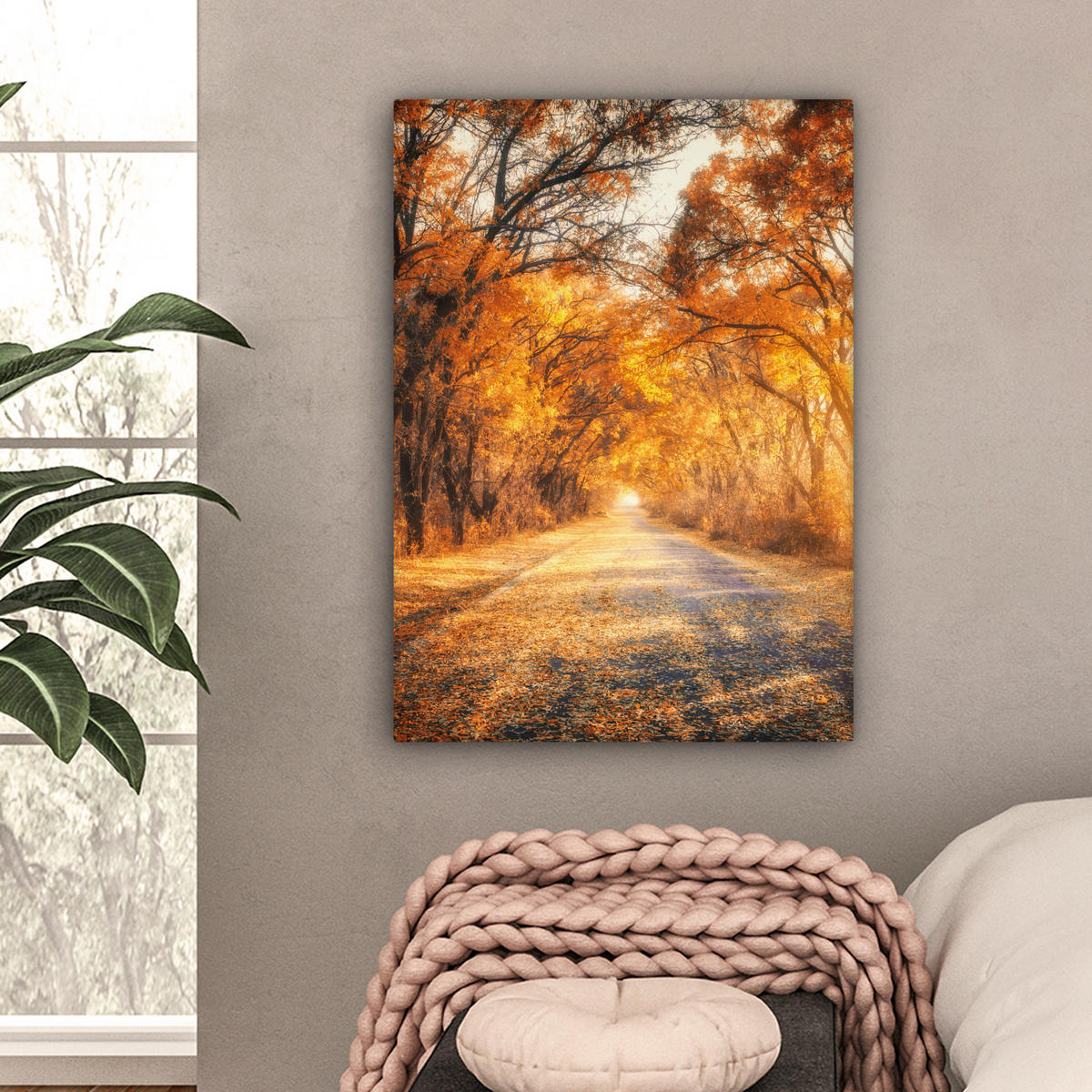 LEINWANDBILD Wald - Herbst - Bäume - Waldweg - Natur 60x80 cm - Bernsteinfarben, Textil (60/80cm) - MuchoWow