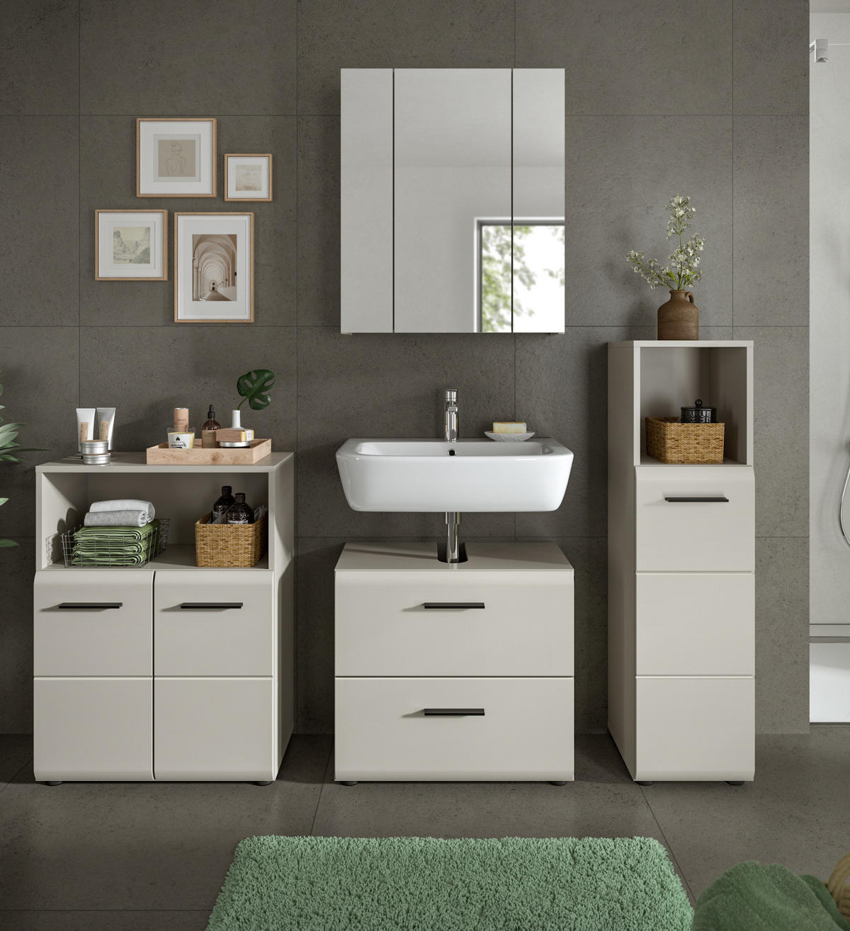 BADMÖBEL-SET Kaschmir 4-teilig 180 cm, Badkombination in modernem Design - Kaschmir/Schwarz, Glas/Holzwerkstoff (180/185/30cm) - Inn.Furn