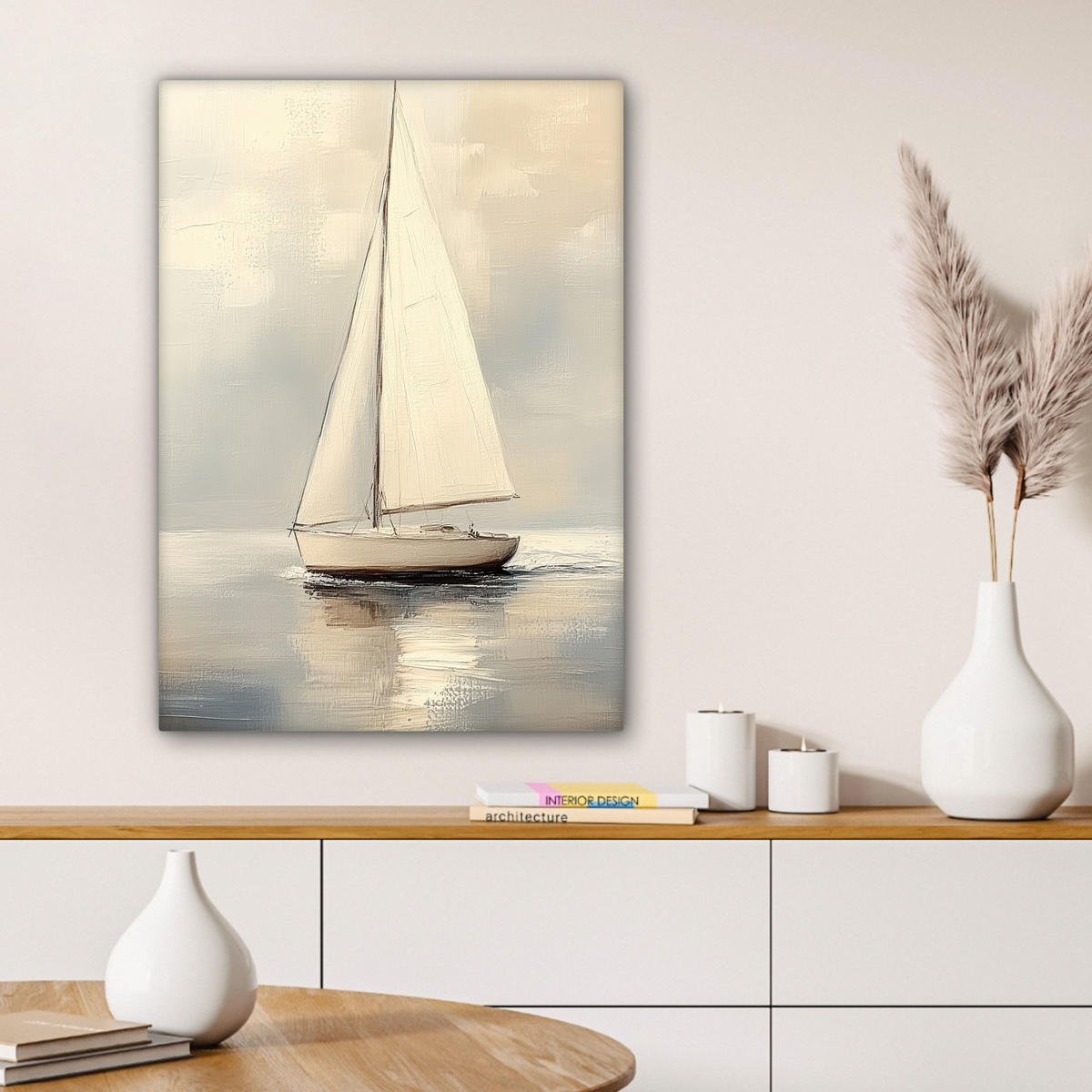 LEINWANDBILD Segelschiff - Meer - Bewölkt Wandbild Wohnzimmer 60x80 cm - Creme, Textil (60/80cm) - MuchoWow