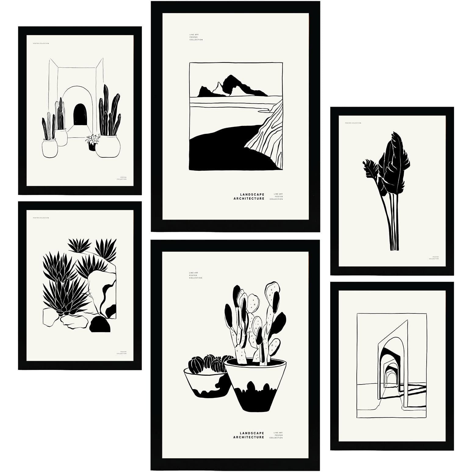 POSTER Set Mit 6 In Schwarzer Tinte Kakteen In Töpfen Künstlerische Und Abstrakte Drucke Für Innenarchitektur A3 & A4 Schwarzer Rahmen - Schwarz, Papier (29/3cm) - Nacnic