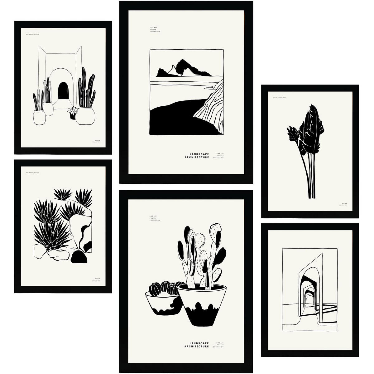 POSTER Set Mit 6 In Schwarzer Tinte Kakteen In Töpfen Künstlerische Und Abstrakte Drucke Für Innenarchitektur A3 & A4 Schwarzer Rahmen - Schwarz, Papier (29/3cm) - Nacnic