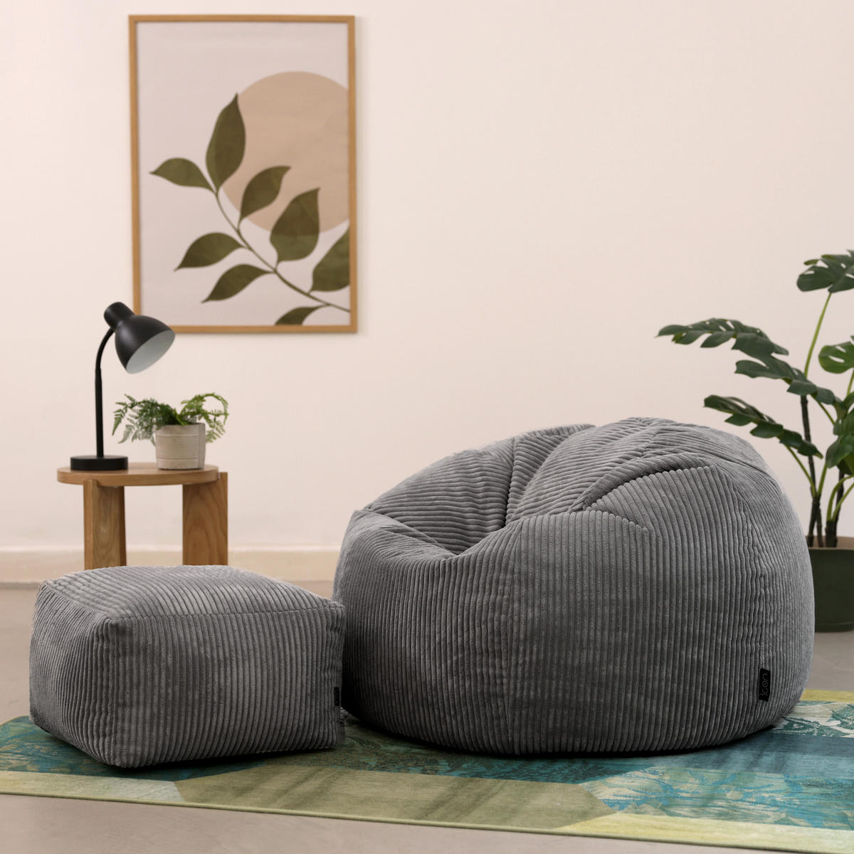 SITZSACK Klassisch + Hocker, Cord - Grau, Kunststoff/Textil (85/50/85cm) - icon