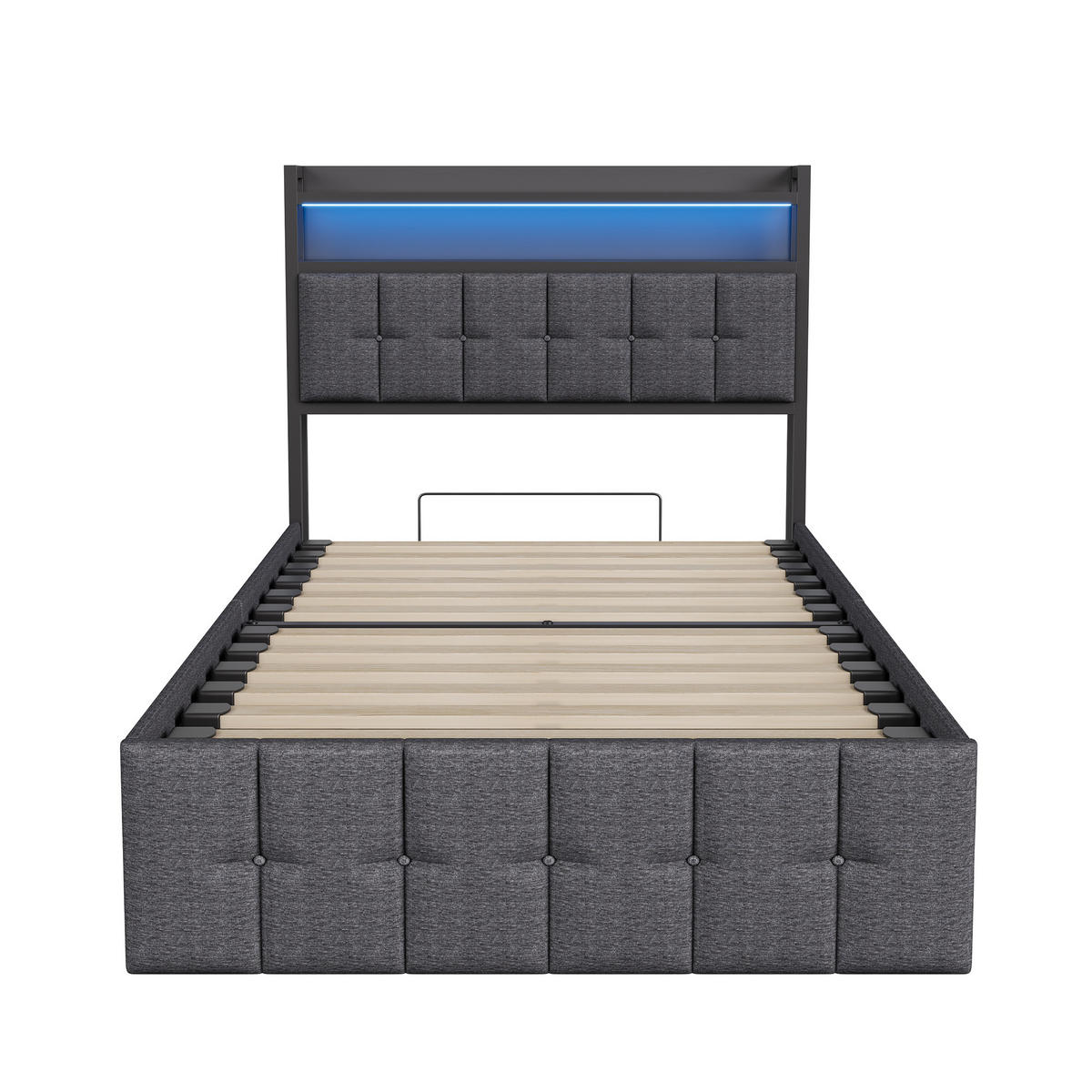 BETT mit Bettkasten 90x200 cm mit LED und USB, Polsterbett 90x200, Einzelbett 90x200 mit Stauraum, Lattenrost, Kopfteil, Grau Leinenstoff - Grau, Textil/Metall (90/200cm) - GENKI LIVING