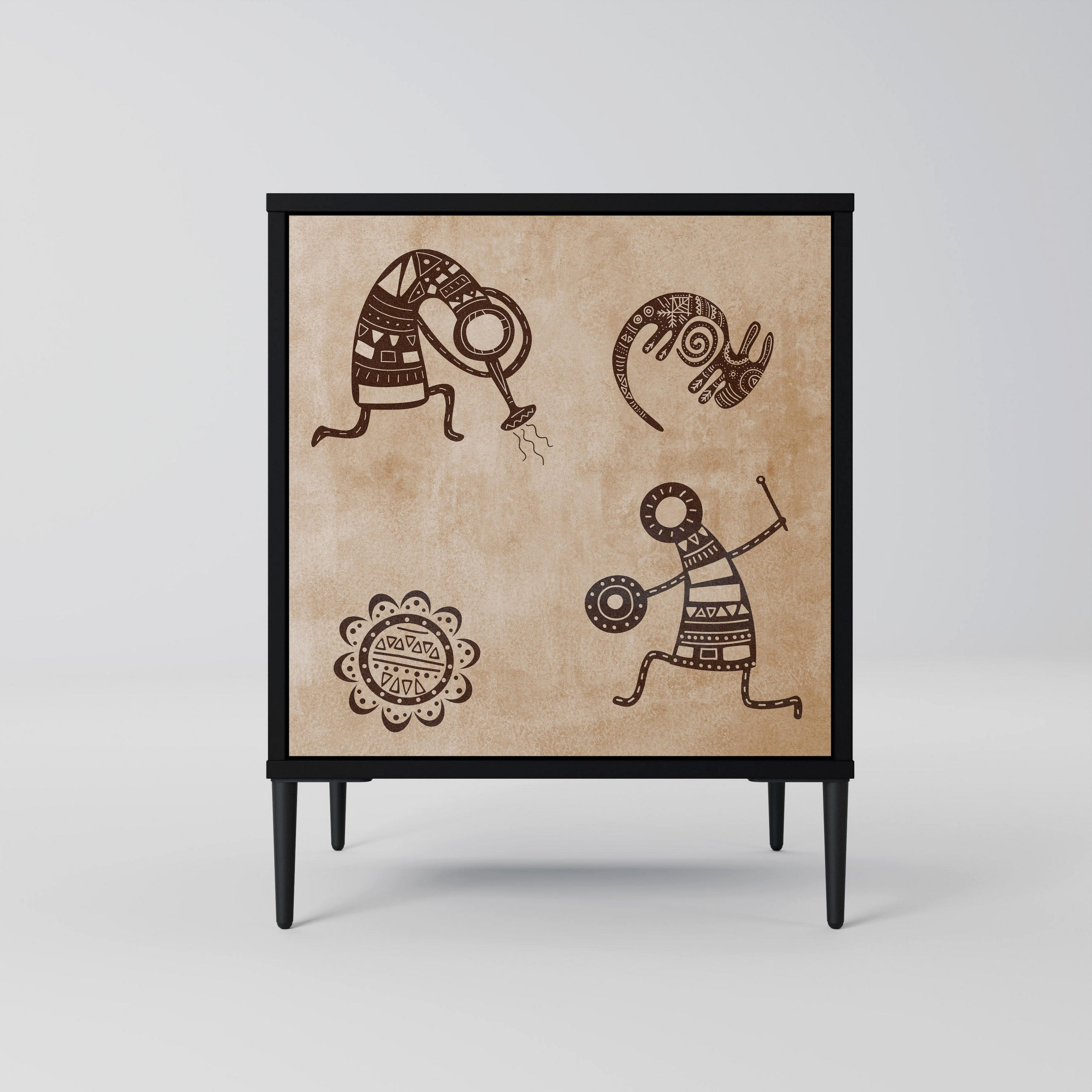 SIDEBOARD AFRICAN STYLE, Schwarz, 57,5x42x72,5 cm, Schwarze Metallfüße - Multicolor/Schwarz, Holzwerkstoff/Metall (57.5/72.5/42cm) - SpaceRebels