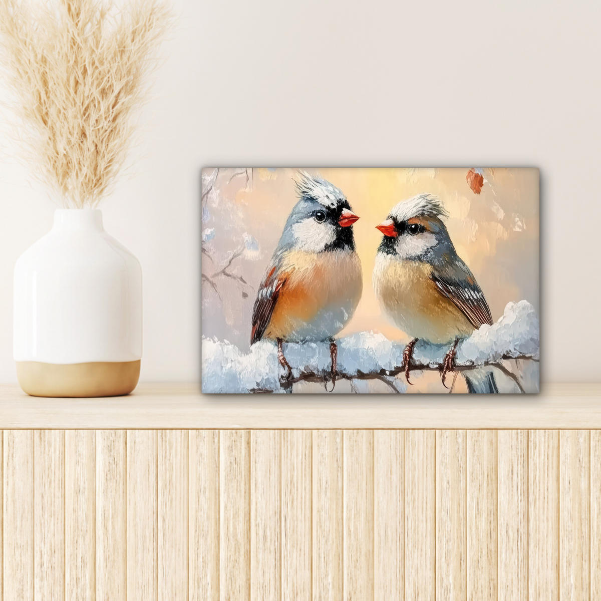 LEINWANDBILD Vögel - Zweig - Winter - Schnee 30x20 cm - Pastellblau, Textil (30/20cm) - MuchoWow