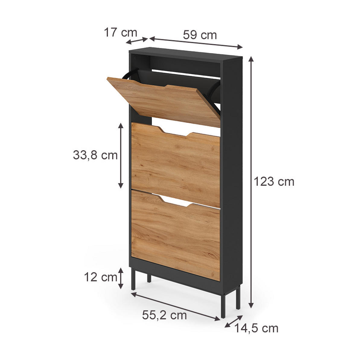 SCHUHKIPPER Luca, Anthrazit/Goldkraft Eiche, 59 x 123 cm mit 3 Kippfächer - Honigeiche/Anthrazit, Holzwerkstoff (59/123/17cm) - Vicco