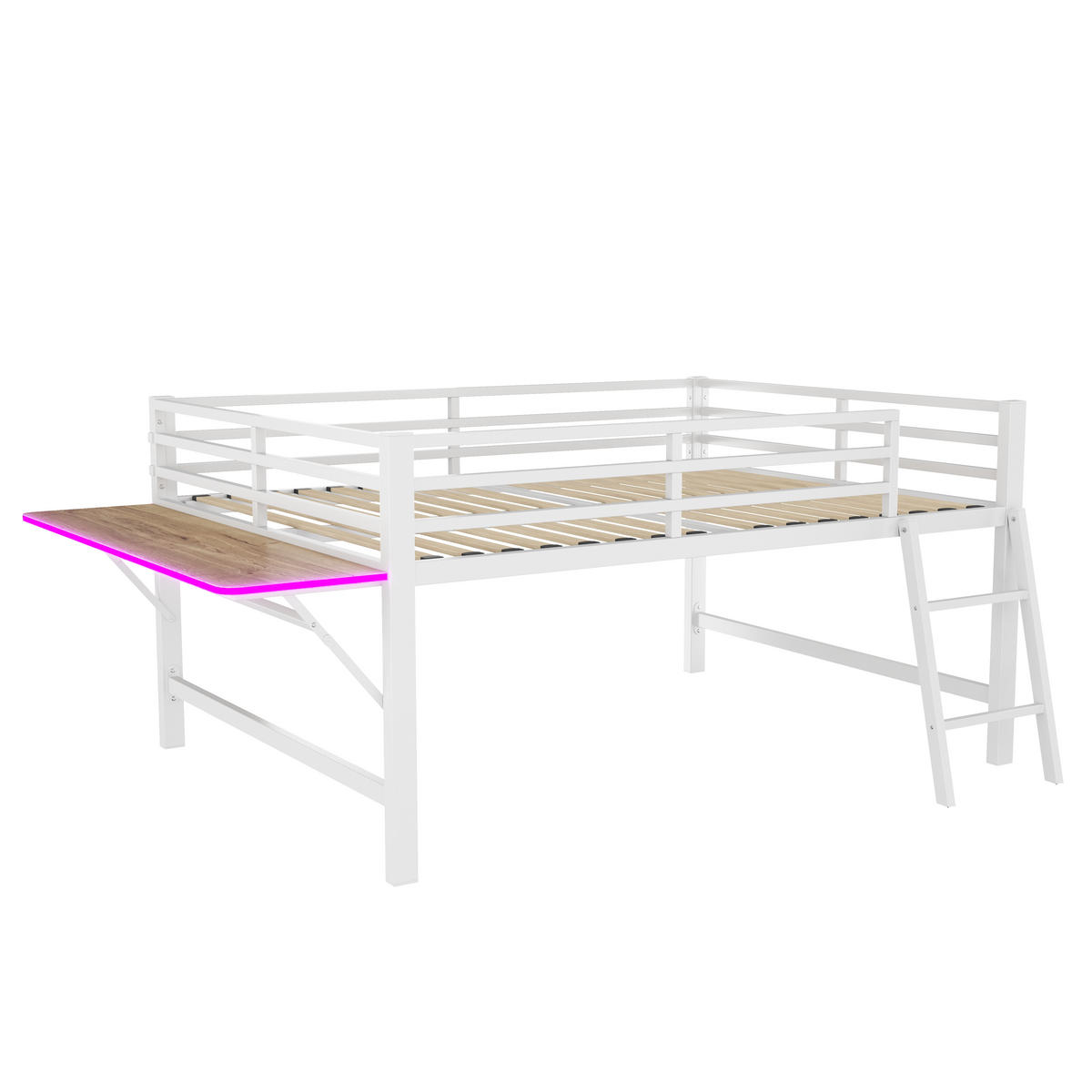 HOCHBETT 140/200 cm Metallbett mit Schreibtisch und LED-Beleuchtung weiß - Weiß, Metall (140/200cm) - OKWISH