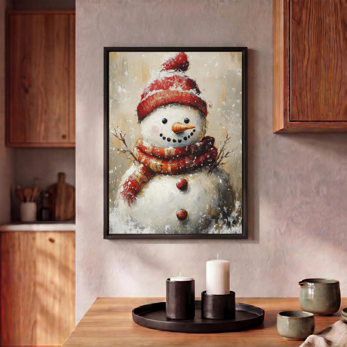 LEINWAND Bilder mit Rahmen - Schneemann - Winter - Schnee - Beige - 30x40 - Weiß, Textil (30/40cm) - MuchoWow