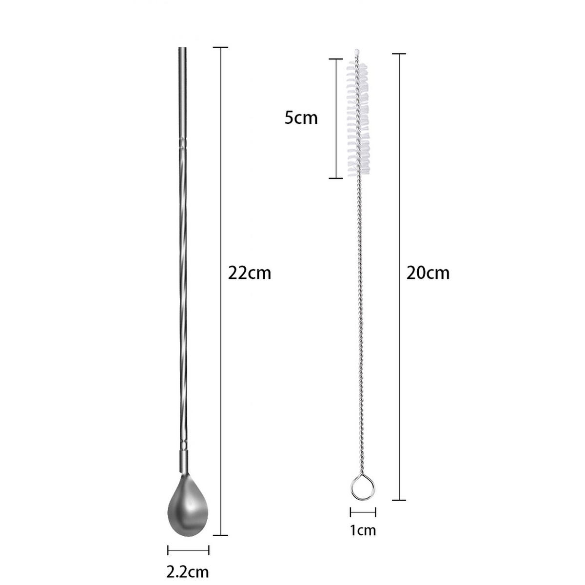 STROHHALMLÖFFEL 19 cm mit Reinigungsbürste und Tasche - Silberfarben, Metall - Intirilife