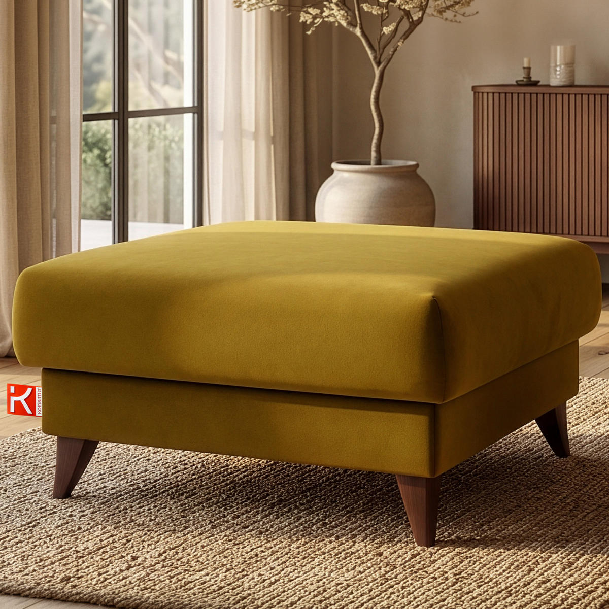 HOCKER GUSTAVO Velours, Gelb - Gelb, Holz/Holzwerkstoff (92/49/92cm) - KONSIMO®