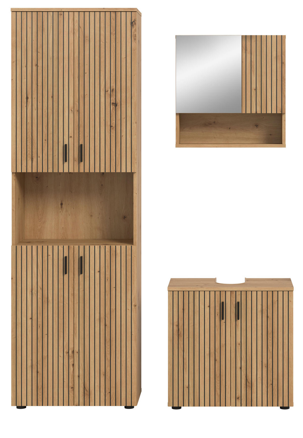 BADMÖBEL-SET Eiche 3-teilig 135 cm, Badezimmereinrichtung mit Rillen-Optik - Schwarz/Eiche Artisan, Glas/Holzwerkstoff (135/192/30cm) - Inn.Furn