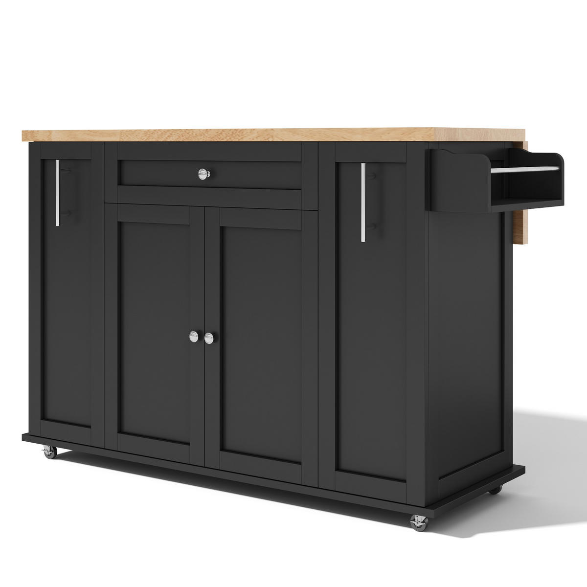KÜCHENINSEL 120/45/83 cm Schwarz mit klappbarer Arbeitsplatte, 3 vertikalen Schubladen und feststellbaren Rollen - Schwarz, Holz (70/87/120cm) - Oxeza