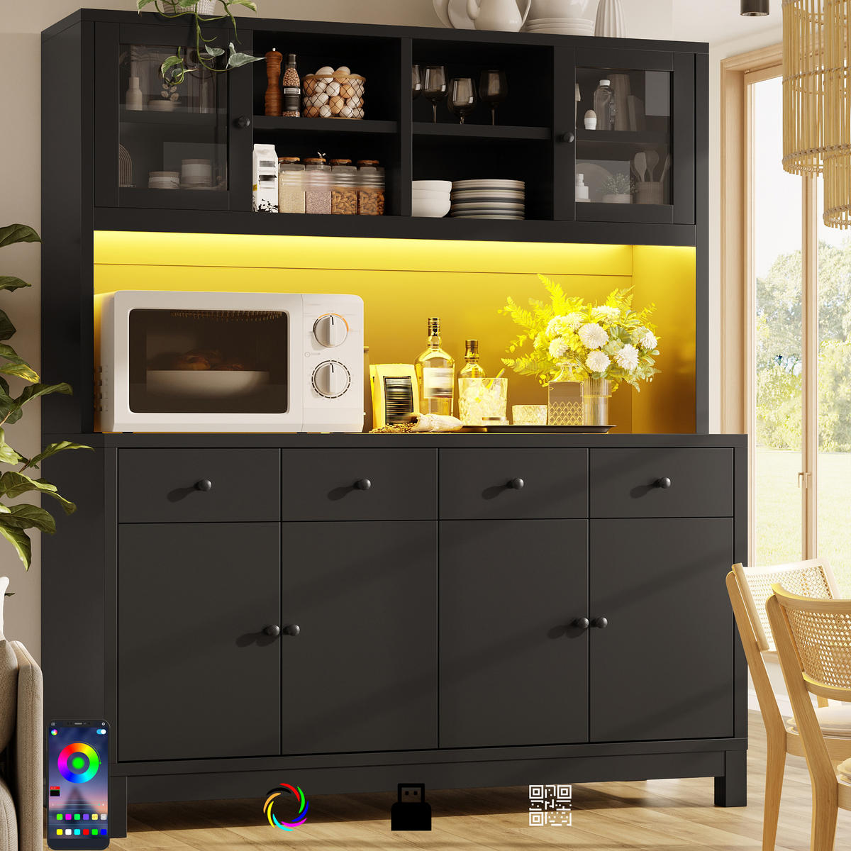 BUFFET DE-38471 140/38/180 cm mit LED-Beleuchtung und 4 Schubladen Schwarz - Schwarz, Holzwerkstoff (140/180/38.5cm) - ComfortXL
