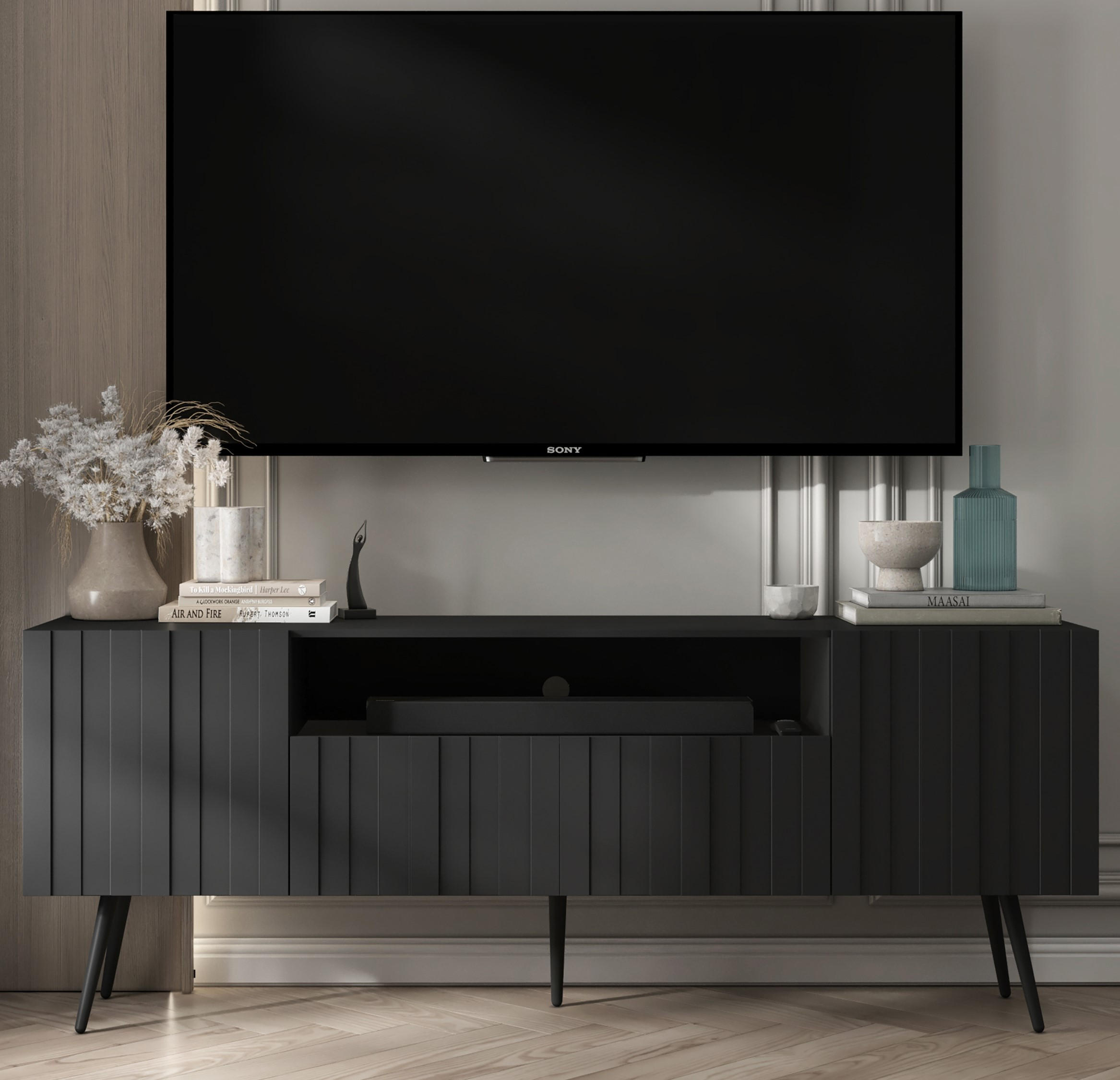 TV-SCHRANK Elpis Schwarz Matt mit Metallbeine Glamour 150 cm - Schwarz, Holzwerkstoff/Metall (150/60.5/36.5cm) - Meble Lindner