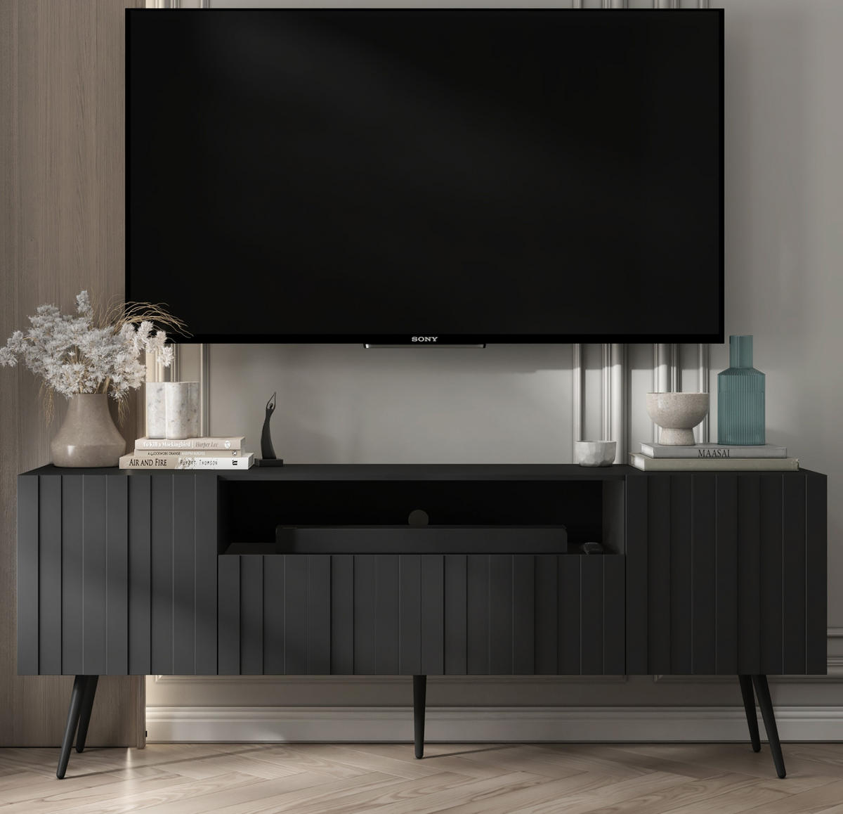 TV-SCHRANK Elpis Schwarz Matt mit Metallbeine Glamour 150 cm - Schwarz, Holzwerkstoff/Metall (150/60.5/36.5cm) - Meble Lindner