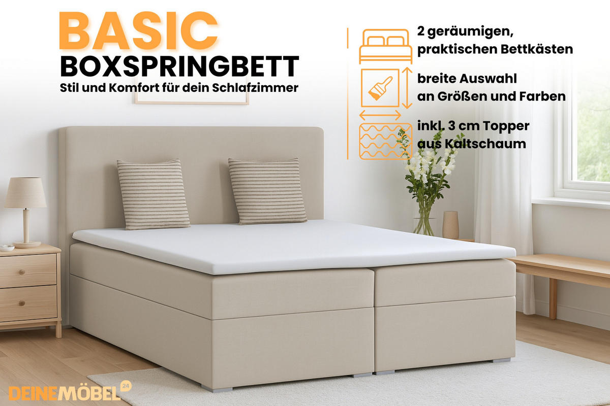 BOXBETT BASIC 200/200 Velours Beige mit Taschen-Federkernmatratzen 7 Zonen H4 - Beige, Holz/Holzwerkstoff (200/200cm) - Deine Möbel 24