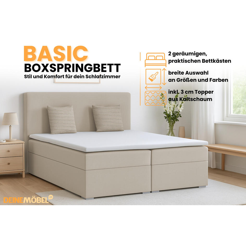 Thumbnail - Deine Möbel 24 Boxbett, Beige, Textil, H4, 180x200 cm, Schlafzimmer, Betten, Boxspringbetten