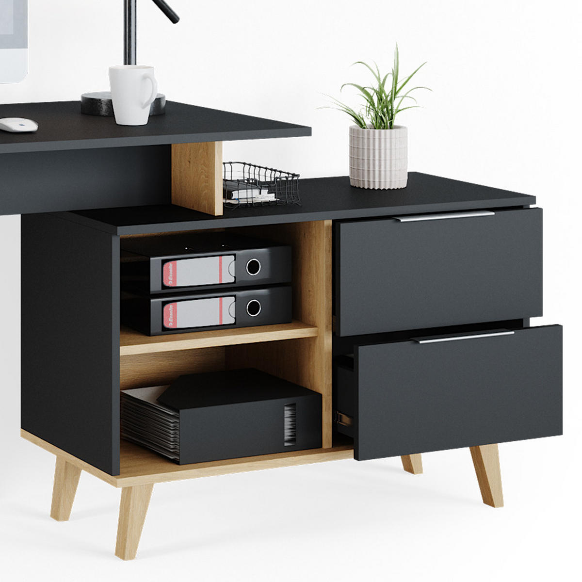 SCHREIBTISCH Nautica Anthrazit 138 x 60 cm mit Schubladen, XL - Anthrazit/Buchefarben, Holzwerkstoff (60/138/77cm) - Vicco