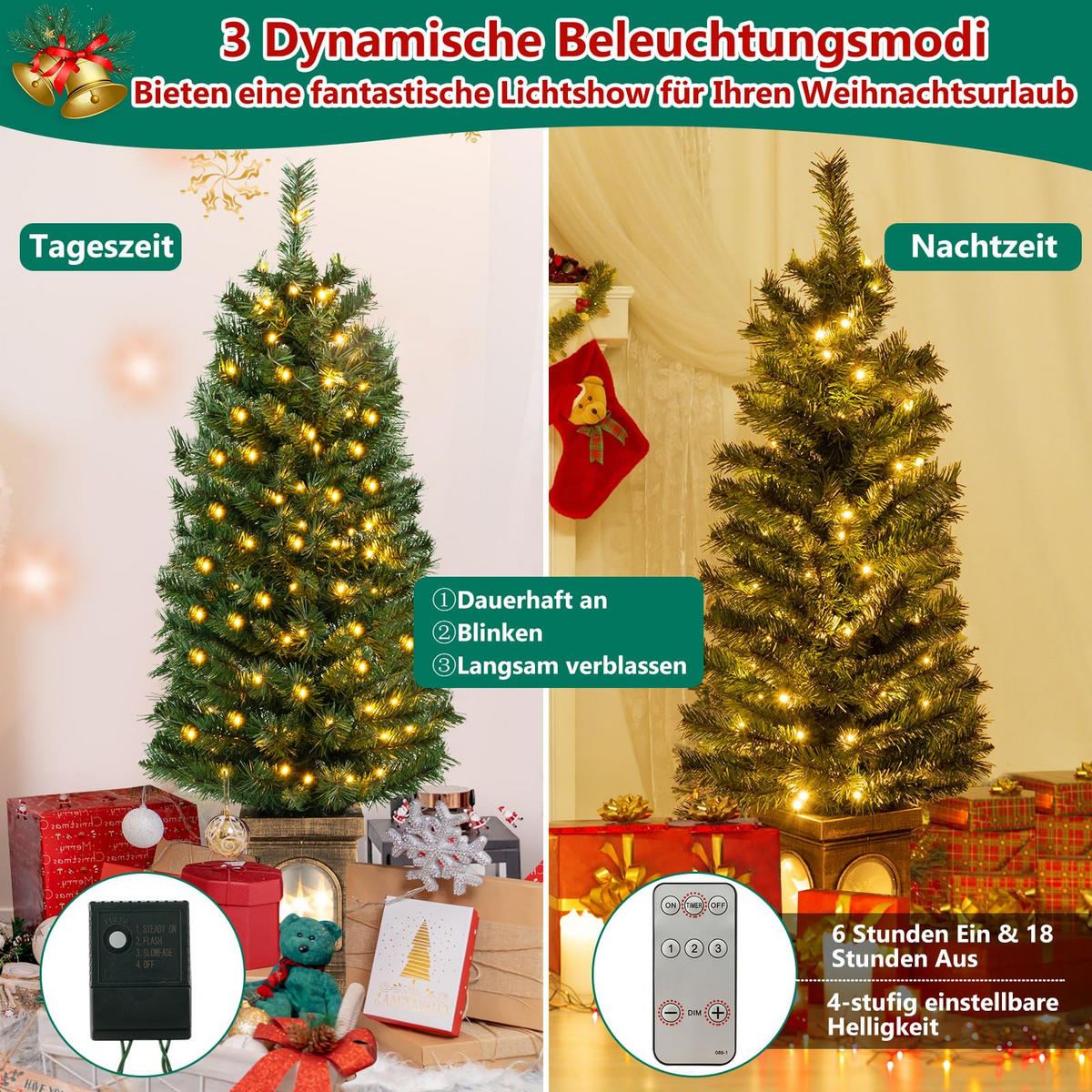 WEIHNACHTSBAUM Tannenbaum im Topf mit 3 Lichtmodi 120 cm grün - Grün, Kunststoff (120cm) - COSTWAY