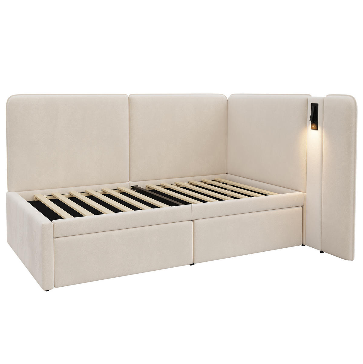 POLSTERBETT aus Samt 90x200 cm in Beige mit 2 Schubladen, USB-C & Leselampe - Beige, Textil (90/200cm) - Modfu