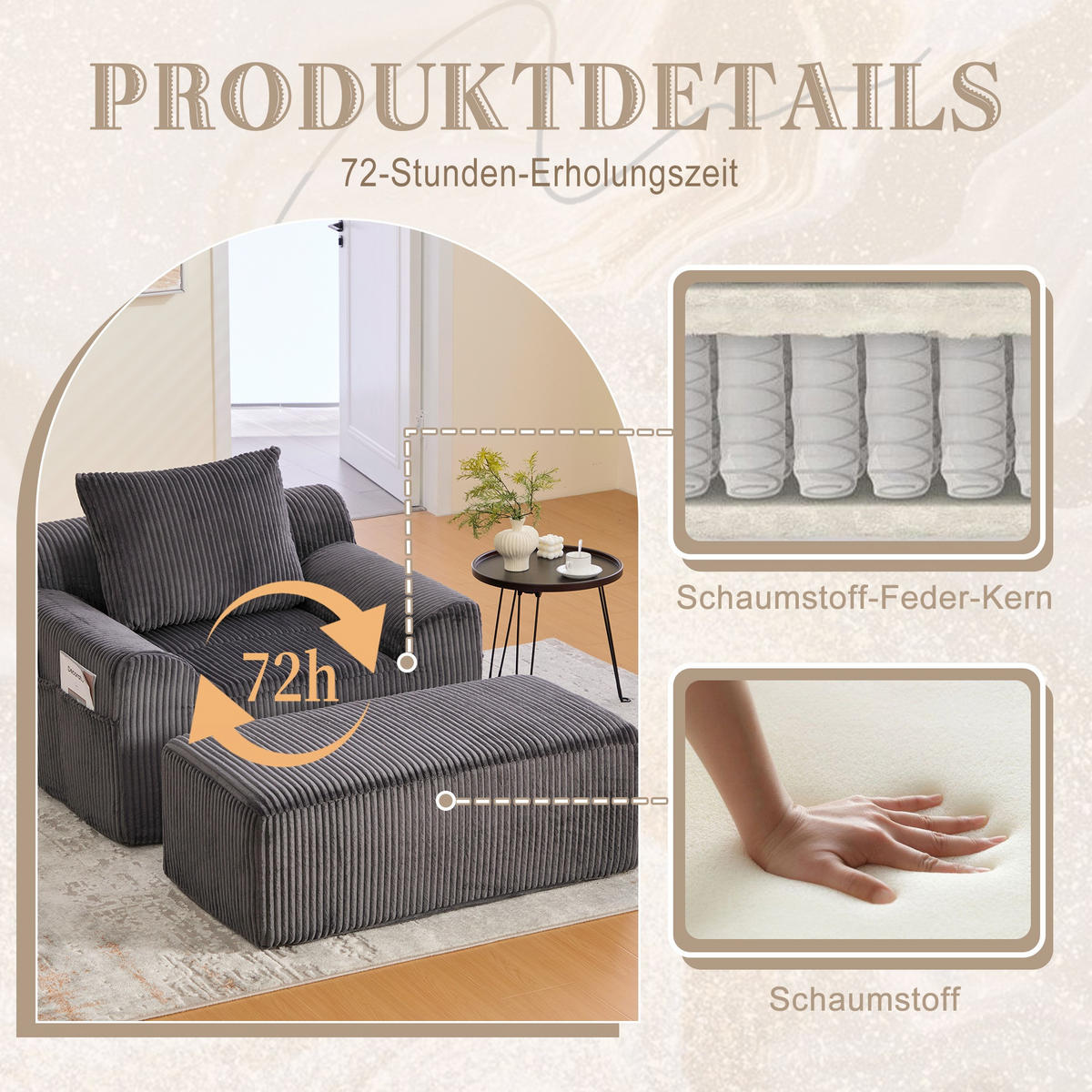 RELAXSESSELSET Übergroßer Loungesesselmit Fußhocker,Cord,Grau - Grau, Textil (110/87/147cm) - LVHOM