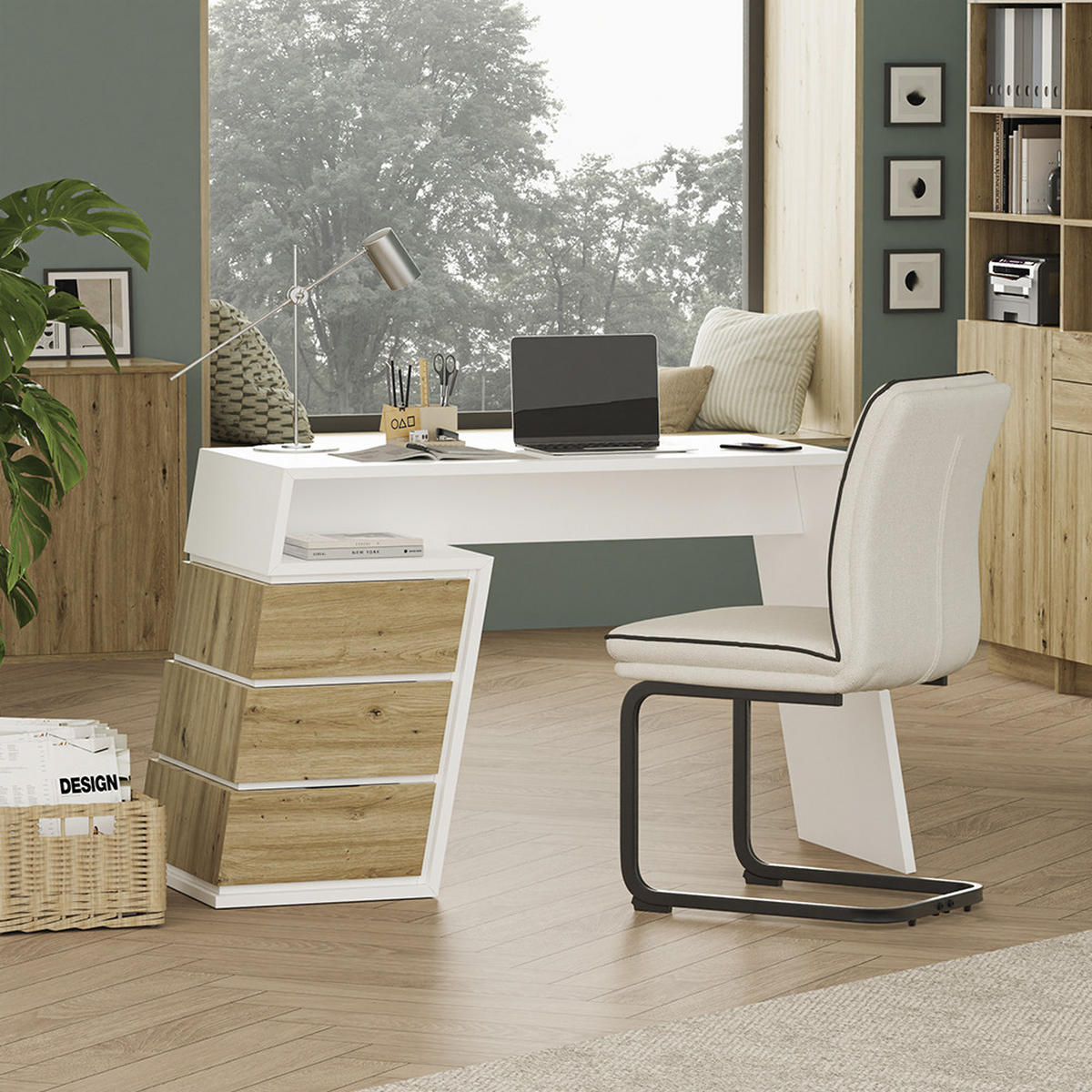 SCHREIBTISCH Okaro Weiß/Eiche 105 x 50 cm mit 3 Schubladen - Eichefarben/Weiß, Holzwerkstoff (50/105/75cm) - Vicco