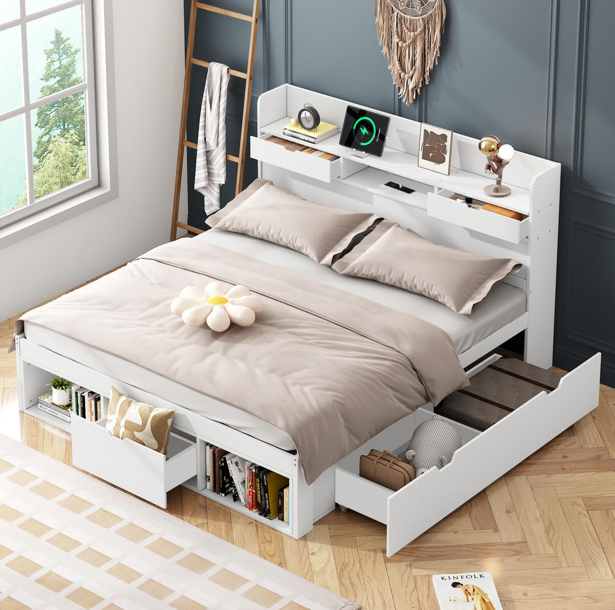 DOPPELBETT aus Kiefernholz und MDF 160x200 cm Weiß mit Schubladen, Stauraum und USB-Anschluss - Weiß, Holzwerkstoff (160/200cm) - IVMEU