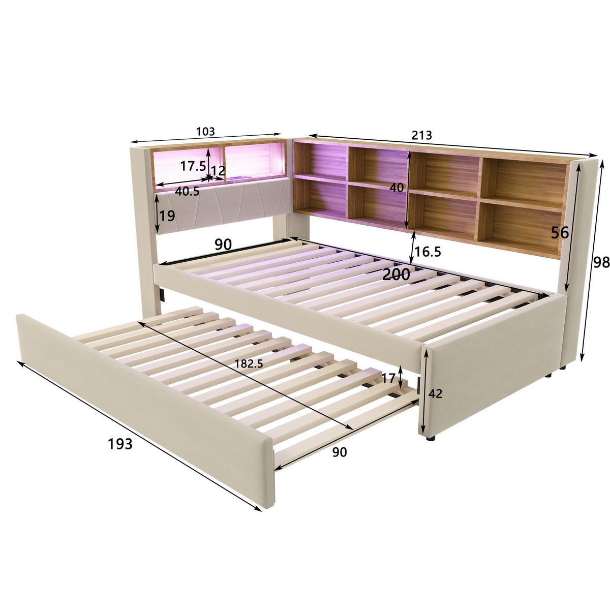 AUSZIEHBETT 90/200 cm in Beige mit LED-Beleuchtung und Stauraum - Beige, Textil (90/200cm) - Flora Grace