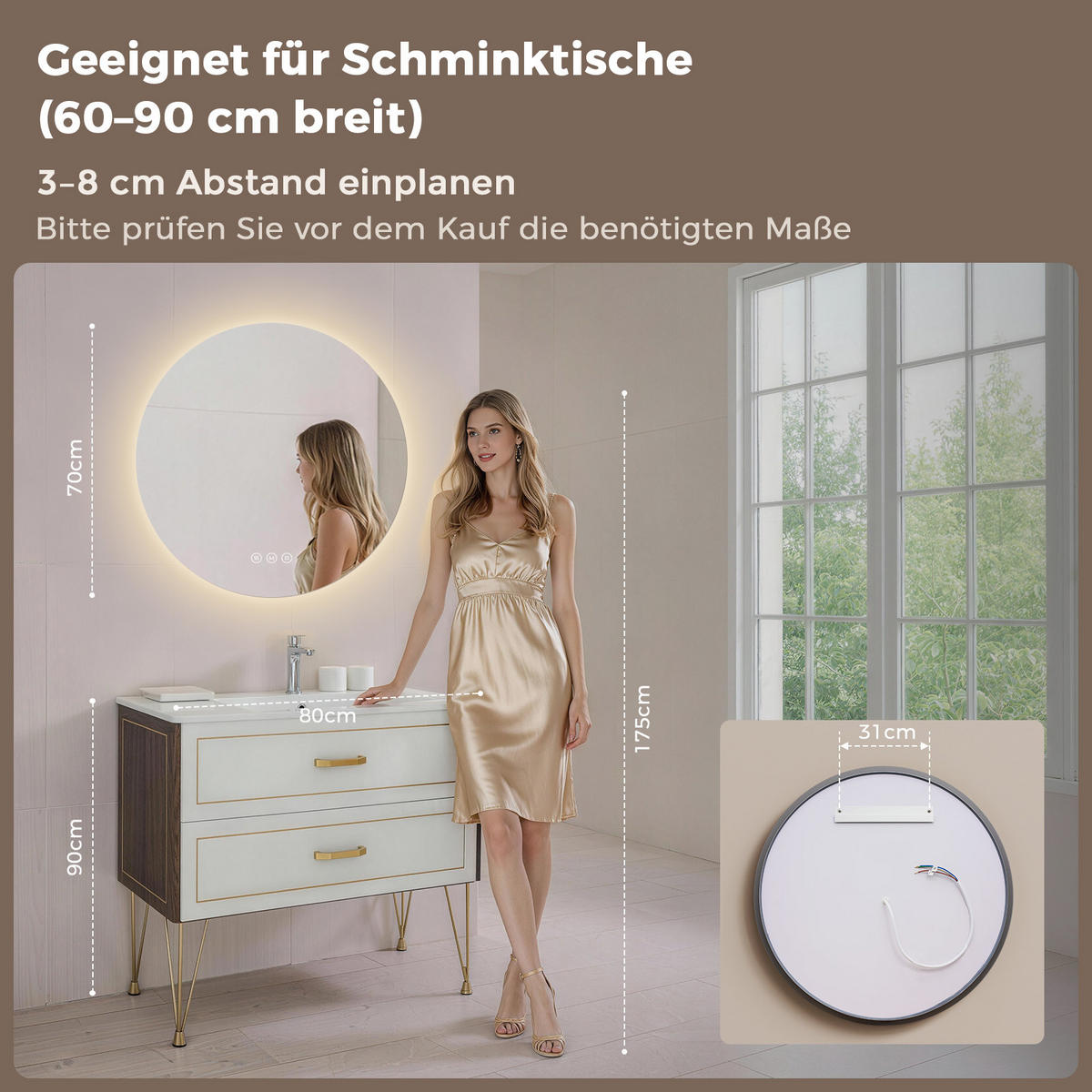 BADEZIMMERSPIEGEL 70 cm rund mit LED-Beleuchtung, dimmbar und Antibeschlag - Transparent, Glas (70/70/3.5cm) - S'AFIELINA