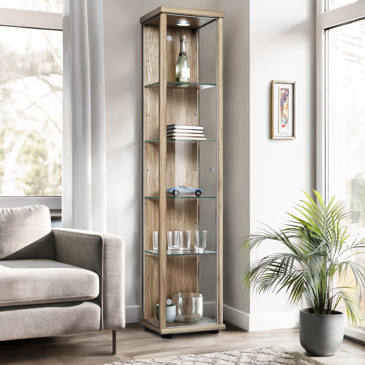 GLASVITRINE 33/37/176 cm mit LED & 4 höhenverstellbaren Glasböden - Transparent/Silberfarben, Glas/Holzwerkstoff (37/176/33cm) - K-Möbel