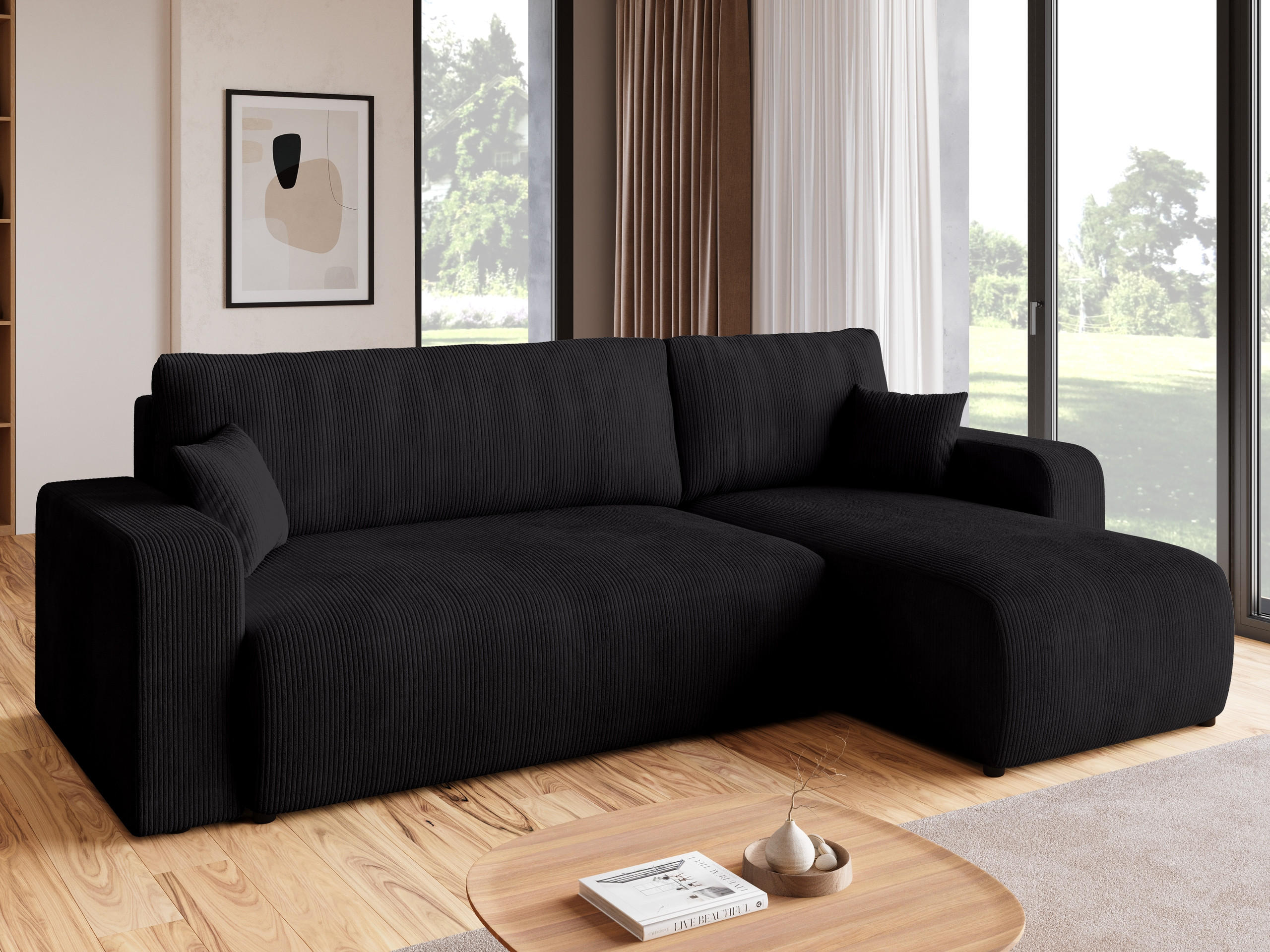 ECKSOFA PUMI mit Schlaffunktion Schwarz Cord - Schwarz, Textil (244/148cm) - Bromarkt
