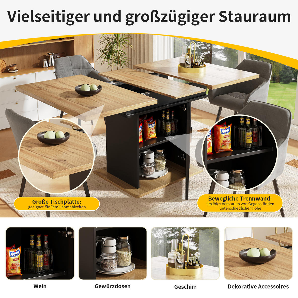 ESSTISCH in Schwarz und Holzoptik 110-140/70/76 cm - Schwarz, Glas/Holzwerkstoff (140/70/76cm) - Urban Meuble