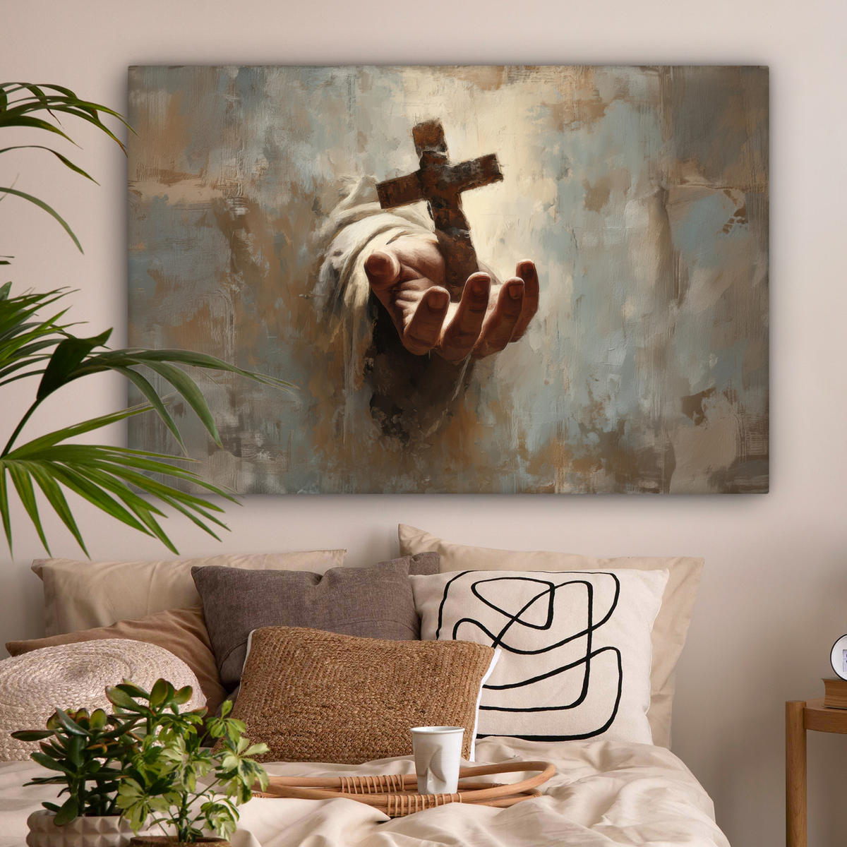 LEINWANDBILD Abstrakt - Kreuz - Hand - Christentum XXL 150x100 cm - Hellbraun, Textil (150/100cm) - MuchoWow