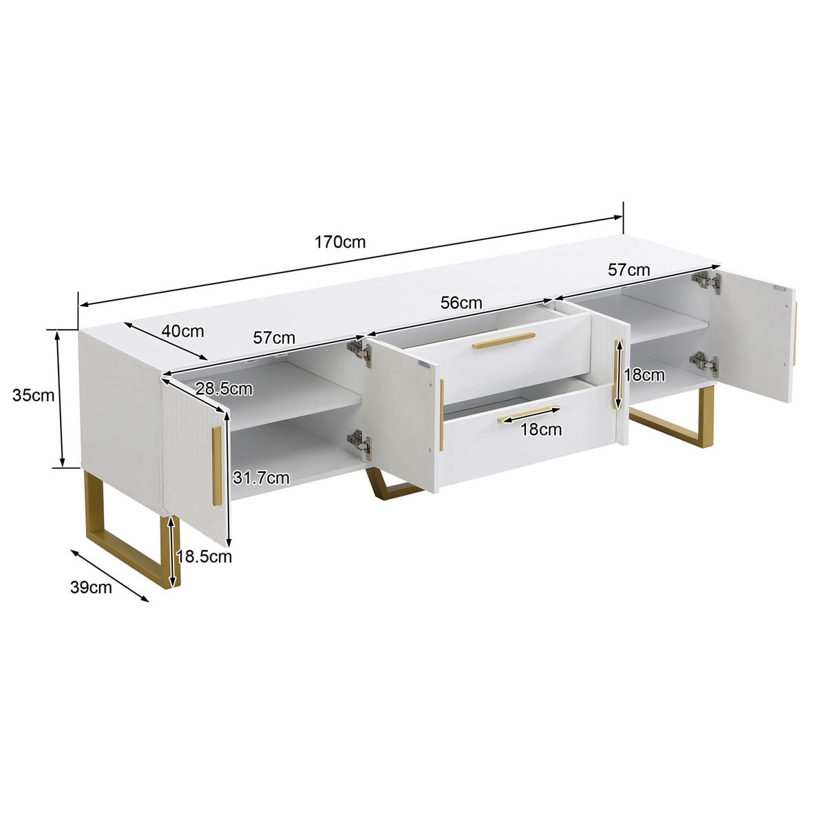 TV-LOWBOARD 170/40/53,5 cm mit 2 Schubladen und Kabeldurchlass - Weiß, Holzwerkstoff (170/53.5/40cm) - BEAOK