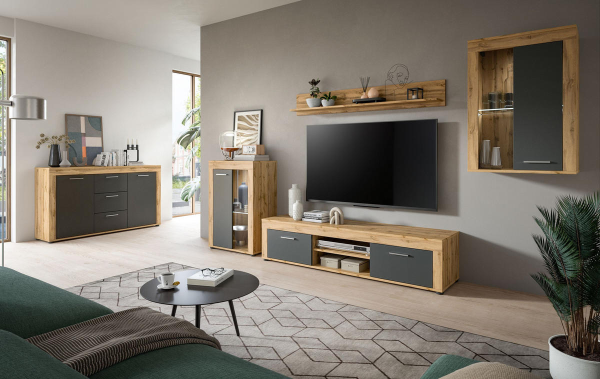 VITRINE JAM (B/H/T: ca. 60/86/35 cm) in Wotan Eiche Nachbildung/grau - Eiche Wotan, Holzwerkstoff (60/86/35cm)