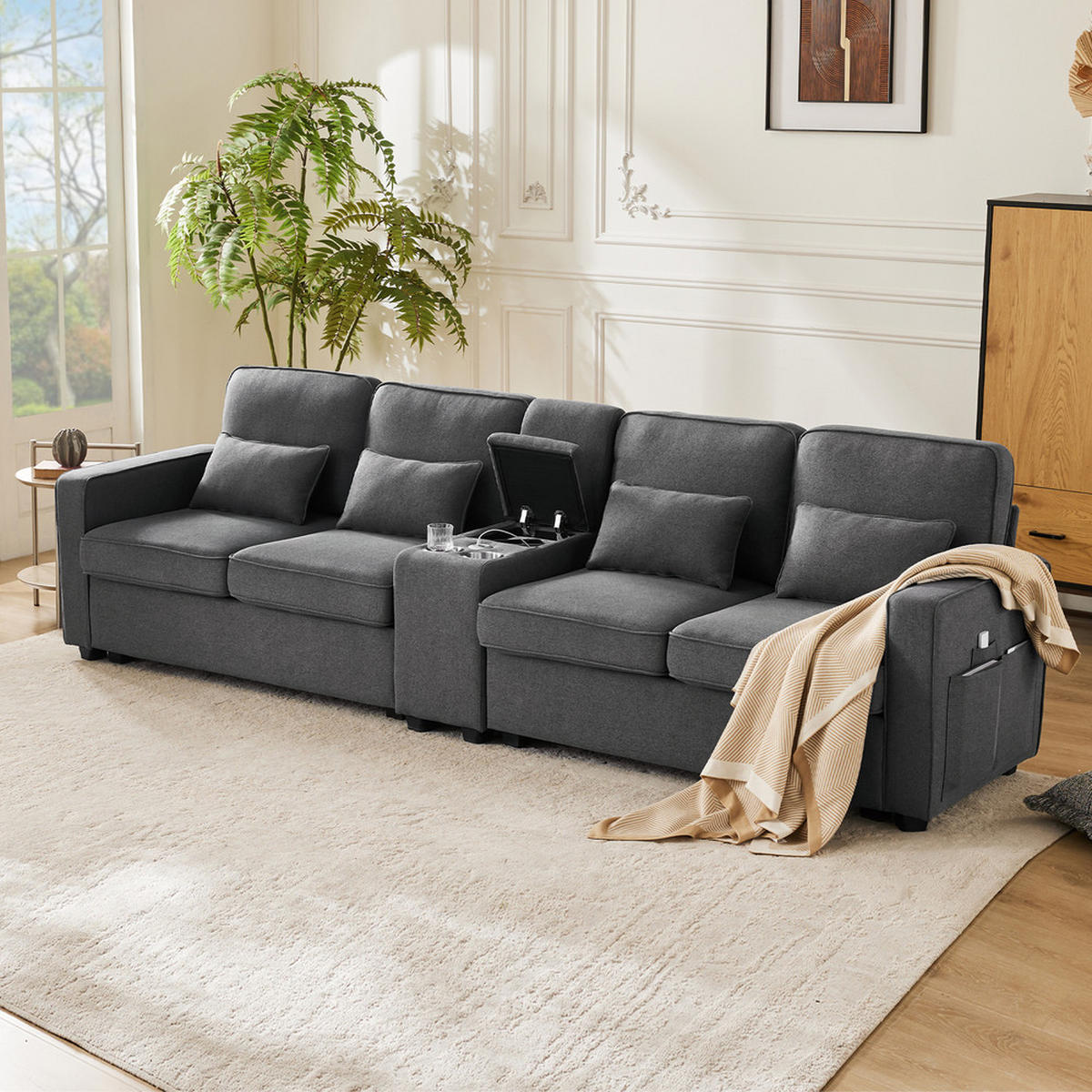 SOFA 4-Sitzer Leinenstoff Konsole 2 USB & Getränkehalter 4 Kissen Dunkelgrau - Grau, Holz (83/88/290cm) - FLIEKS