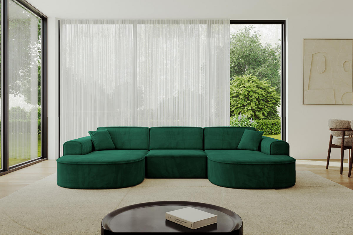 WOHNLANDSCHAFT MARI-U1 - 303x171x79 cm Grün Velours - Schwarz/Grün, Holzwerkstoff/Kunststoff (303/79/171cm) - ALTDECOR