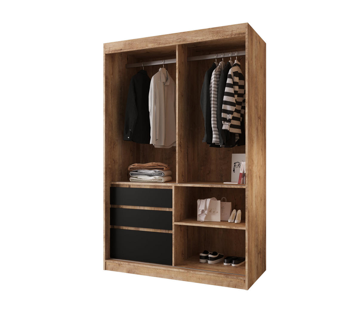 SCHIEBETÜRENSCHRANK PARMA 140, 2-türig Kleiderschrank mit 1 Spiegel, Moderne Garderobe, Schrank in Größe: 140 x 216 x 65 cm - Schwarz/Braun, Holzwerkstoff (140/216/65cm) - O-Sofa