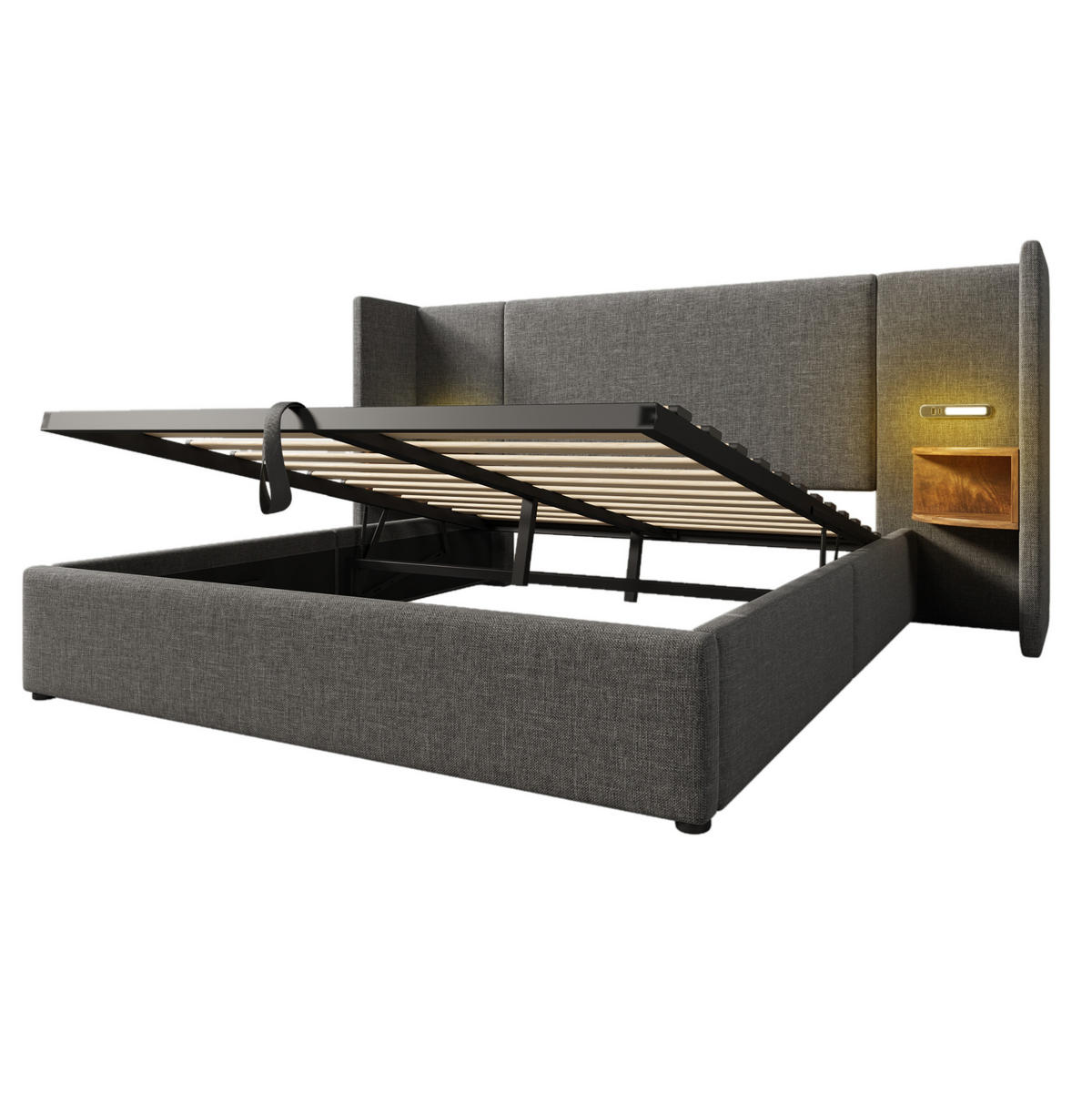 POLSTERBETT 160/200 cm Grau mit Stauraum und USB-Anschluss mit Matratze - Grau, Textil (160/200cm) - OKWISH