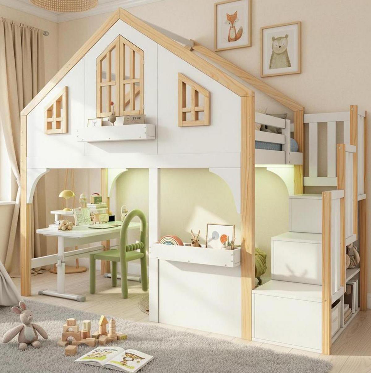 HAUSBETT 90/200 cm in Weiß aus Kiefer mit LED und Stauraumtreppe - Weiß, Holzwerkstoff (90/200cm) - BEAOK