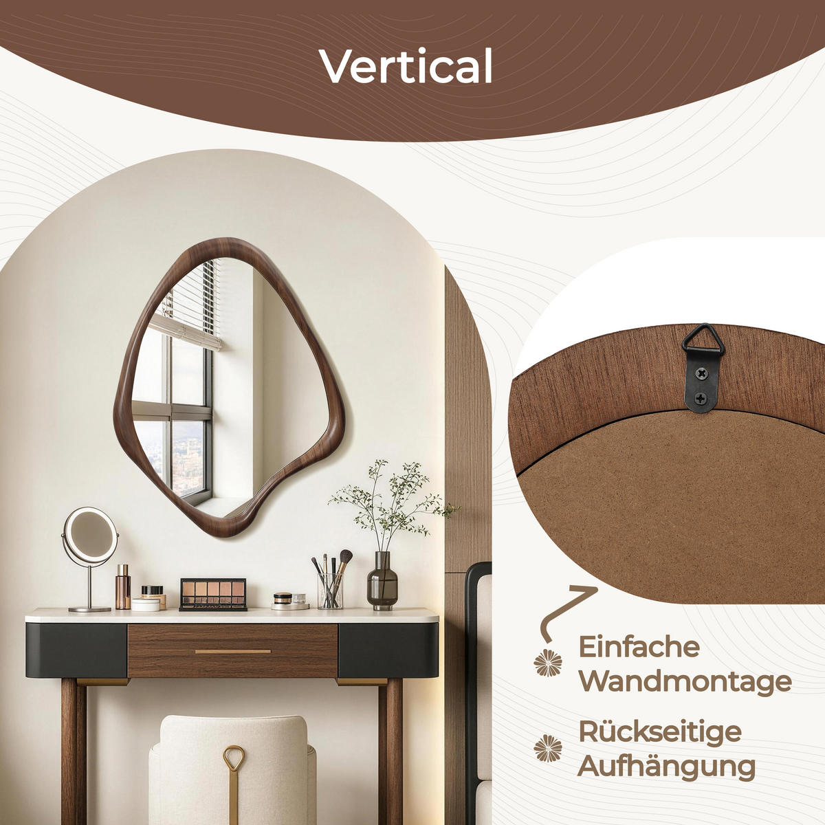 SPIEGEL braun, asymmetrisch, 75 × 60 cm, mit Holzrahmen - Braun, Glas/Holz (59/2.5/75cm) - Hometopia